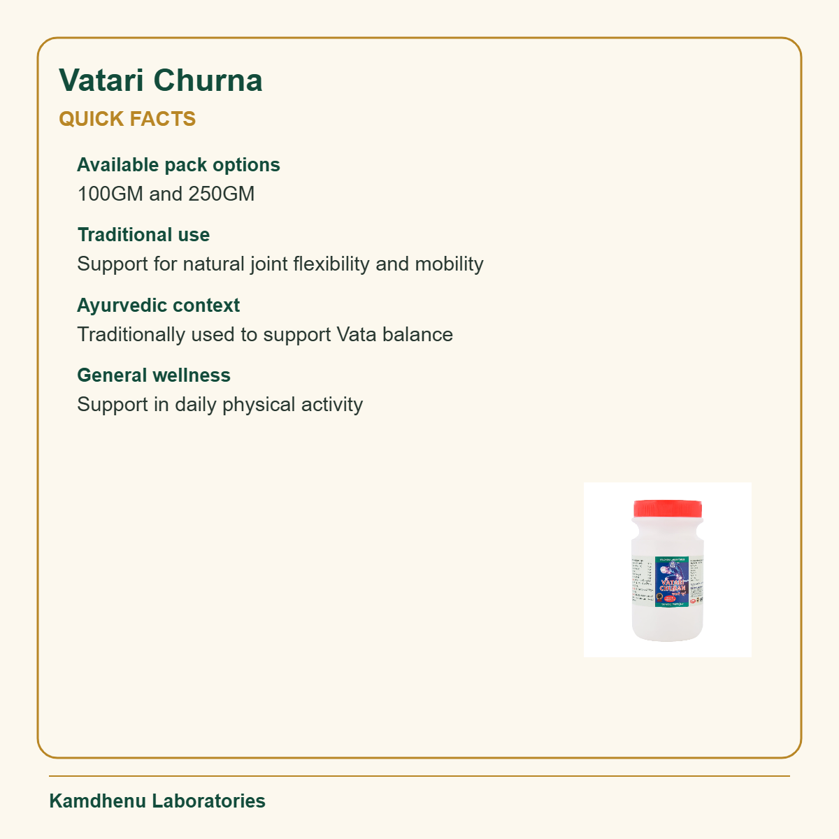 Vatari Churna — Quick Facts: Available pack options: 100GM and 250GM
