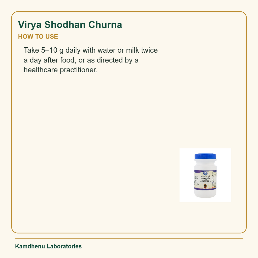 Virya Shodhan Churna — How to Use: Take 5–10 g daily with water or milk twice a day after food, or as directed by a healthcare practitioner.
